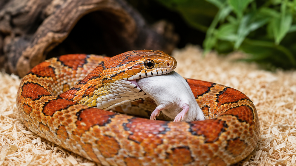 Nonvenomous corn snake feeding on a mouse